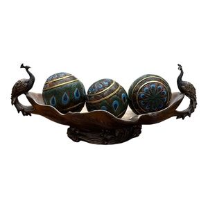 Peacock Decorative Bowl with 3 Peacock Eggs  and Metal Peacock.Handles